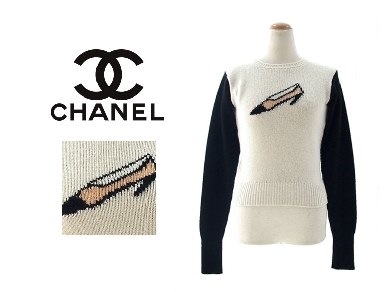 CHANEL シャネル ハイヒール柄 バイカラー カシミヤニット LADIES トップス