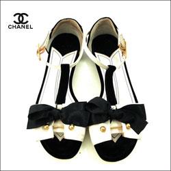 シャネル バイカラー リボン付 フラット サンダル CHANEL