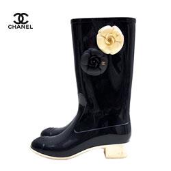 CHANEL シャネル カメリア付 レインブーツ ブラック